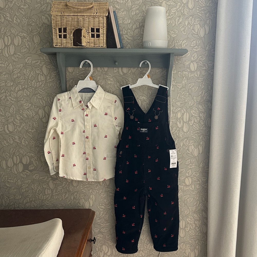 OshKosh B'gosh Navy Overalls with Cream Cherry Shirt
